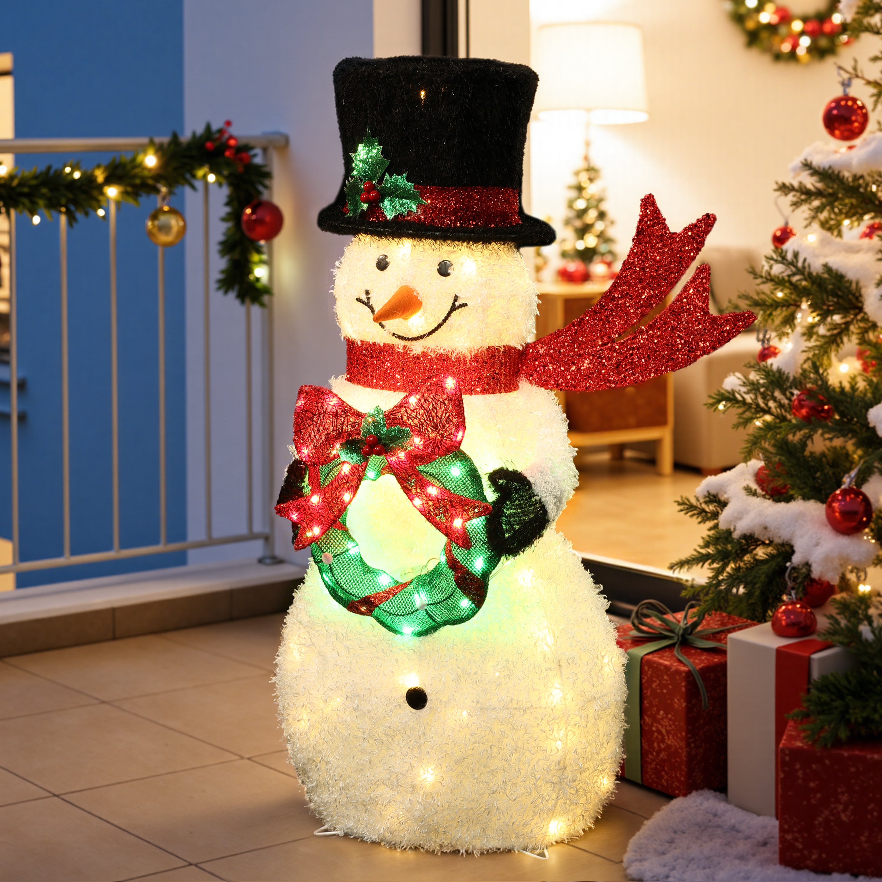 32.9" 80 LED Warm White Lighted Snowman with Wreath Christmas Decor, Pre-Lit Outdoor Yard Decoration with CE Adapter & 2m Cable, Holiday Lawn Decor for Garden, Party, Home