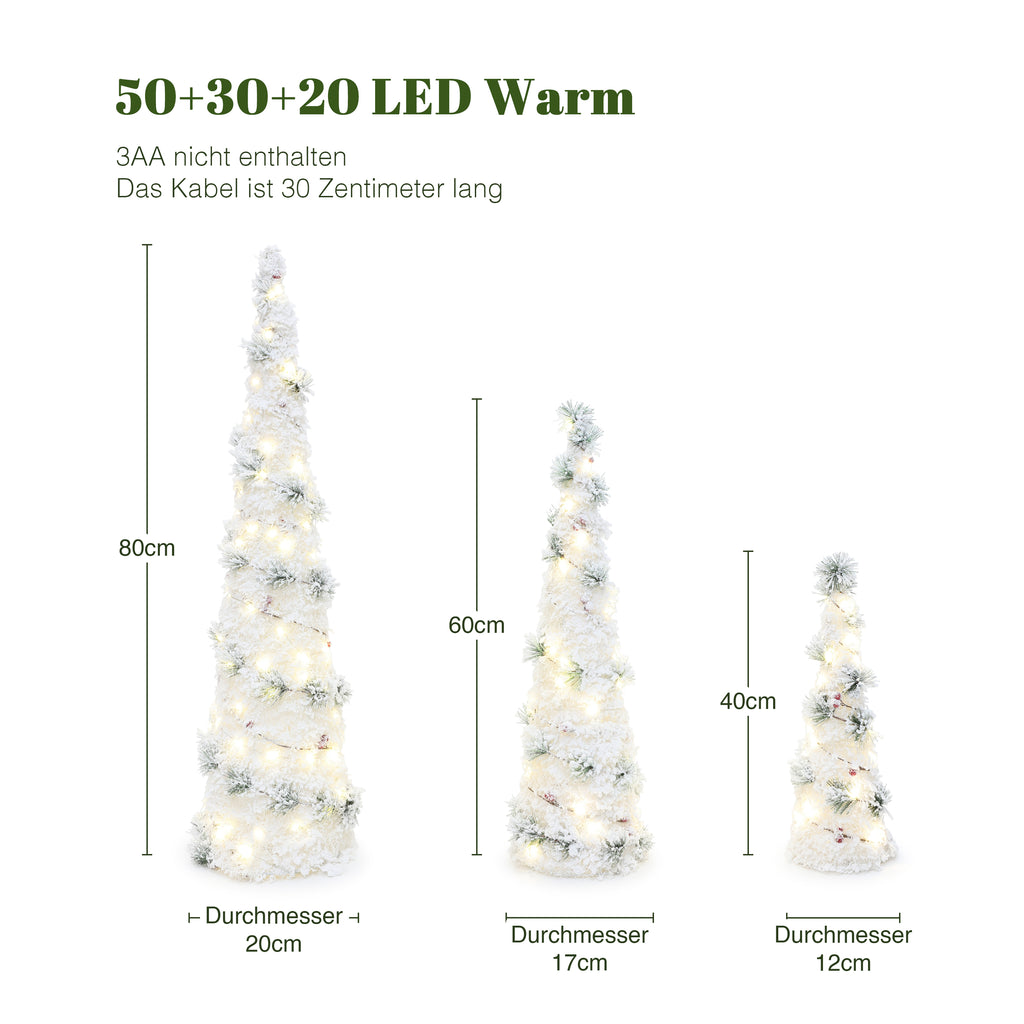 Set of 3 Pre-Lit Flocked Christmas Trees, 100 Total Warm White LED Lights, Battery Operated Tabletop Christmas Trees with Pinecones & Berries, Mini Xmas Decor for Home, Party, Mantel, Indoor