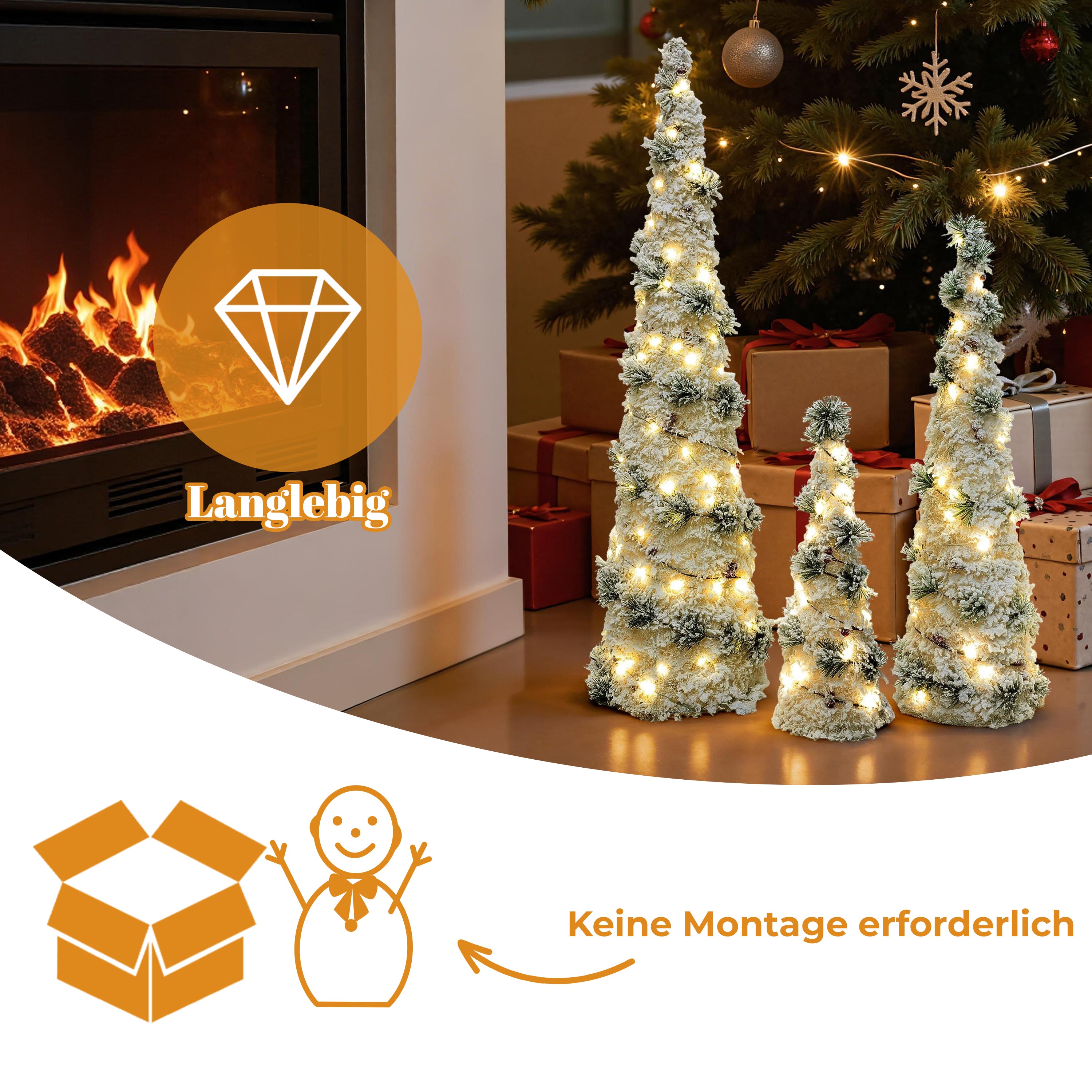 Set of 3 Pre-Lit Flocked Christmas Trees, 100 Total Warm White LED Lights, Battery Operated Tabletop Christmas Trees with Pinecones & Berries, Mini Xmas Decor for Home, Party, Mantel, Indoor