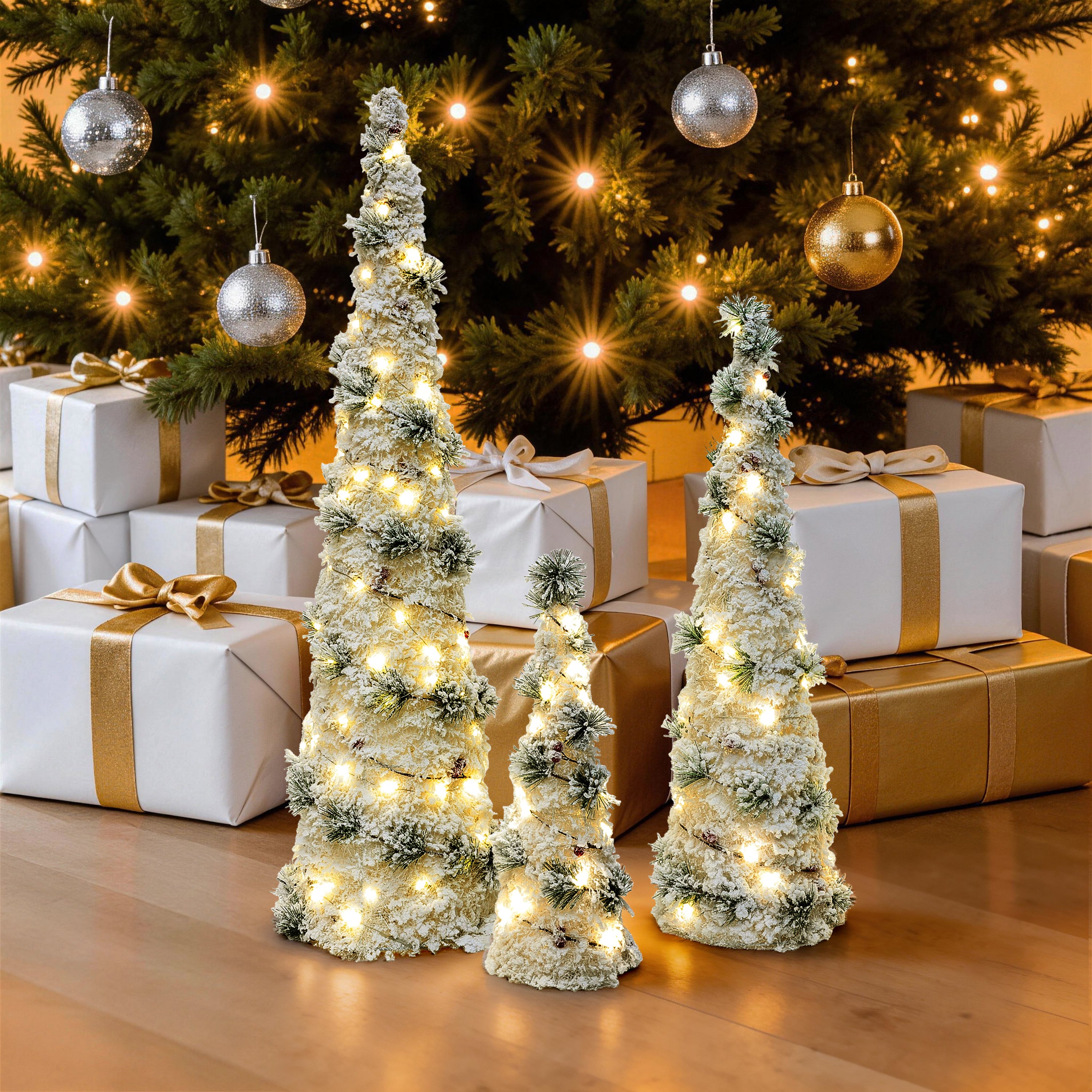 Set of 3 Pre-Lit Flocked Christmas Trees, 100 Total Warm White LED Lights, Battery Operated Tabletop Christmas Trees with Pinecones & Berries, Mini Xmas Decor for Home, Party, Mantel, Indoor