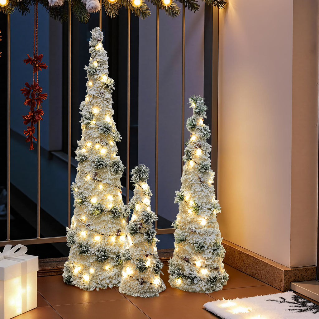 Set of 3 Pre-Lit Flocked Christmas Trees, 100 Total Warm White LED Lights, Battery Operated Tabletop Christmas Trees with Pinecones & Berries, Mini Xmas Decor for Home, Party, Mantel, Indoor