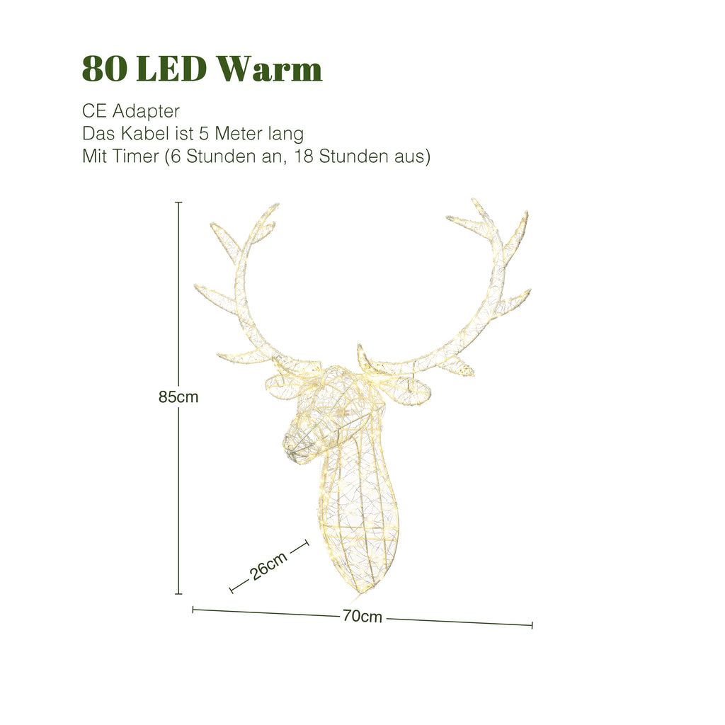 80 LED Warm White Lighted Reindeer Head Wall Decor, Wireframe Christmas Deer Head with Timer, 33.5" Hanging Reindeer Decoration for Indoor Outdoor Holiday, Party, Home, Garden Decor