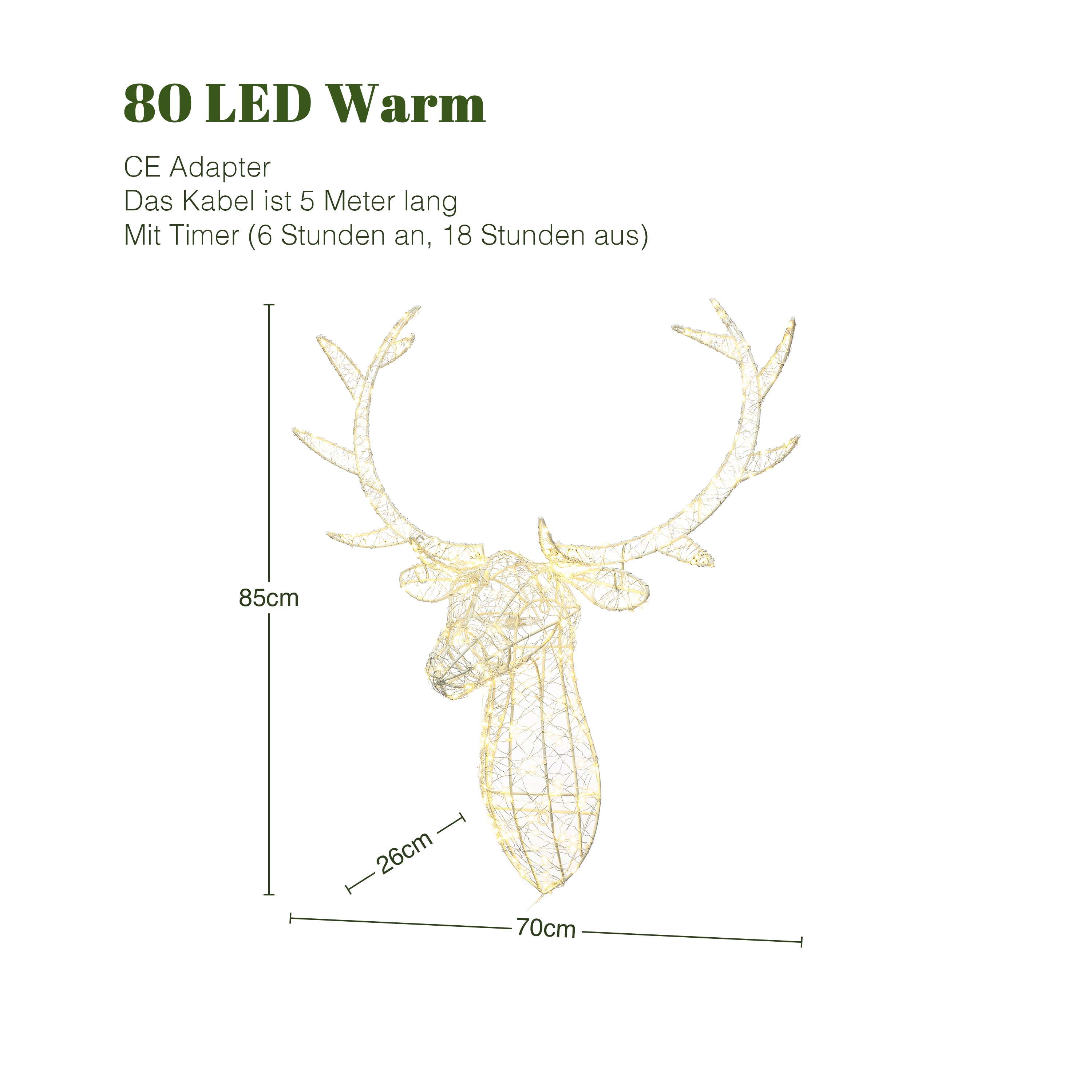 80 LED Warm White Lighted Reindeer Head Wall Decor, Wireframe Christmas Deer Head with Timer, 33.5" Hanging Reindeer Decoration for Indoor Outdoor Holiday, Party, Home, Garden Decor