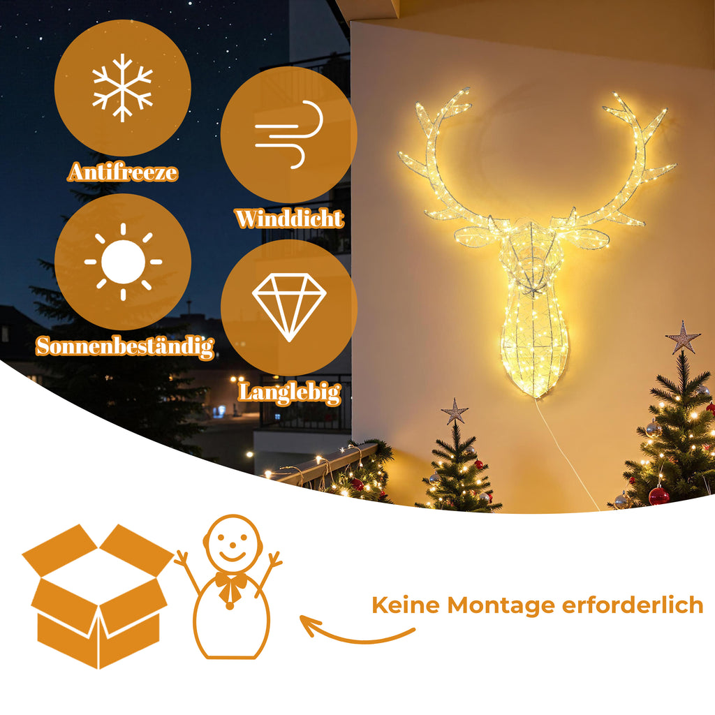 80 LED Warm White Lighted Reindeer Head Wall Decor, Wireframe Christmas Deer Head with Timer, 33.5" Hanging Reindeer Decoration for Indoor Outdoor Holiday, Party, Home, Garden Decor
