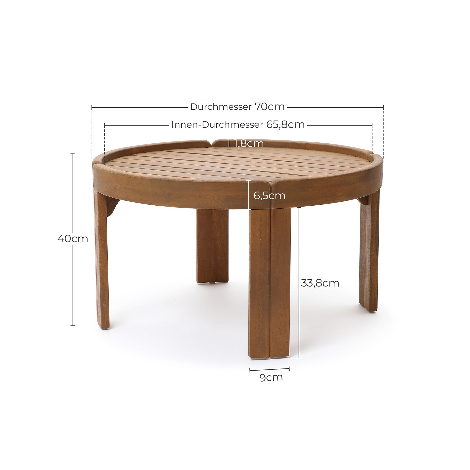 Acacia Outdoor Coffee Table, Round Patio Table with Tray Top, 15.7" Height