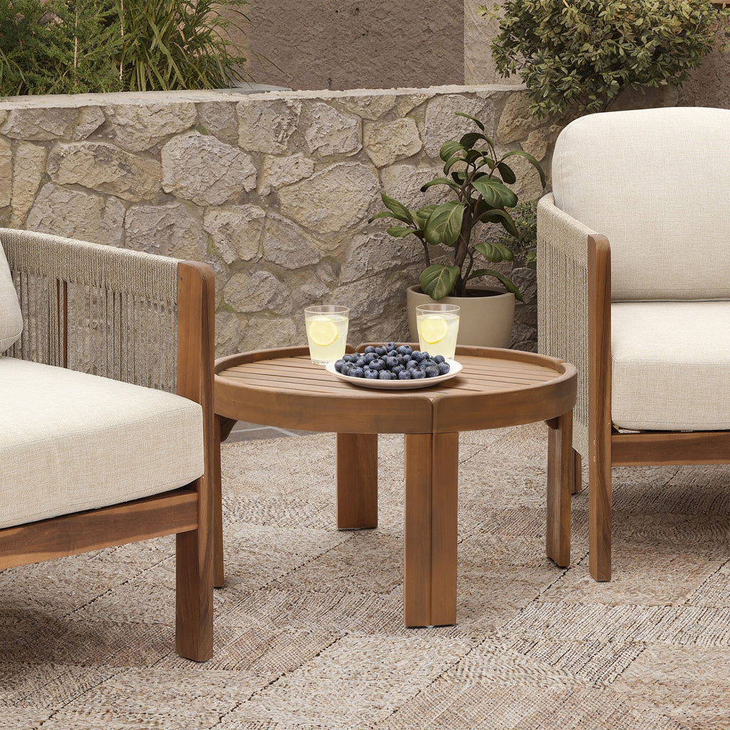Acacia Outdoor Coffee Table, Round Patio Table with Tray Top, 15.7" Height