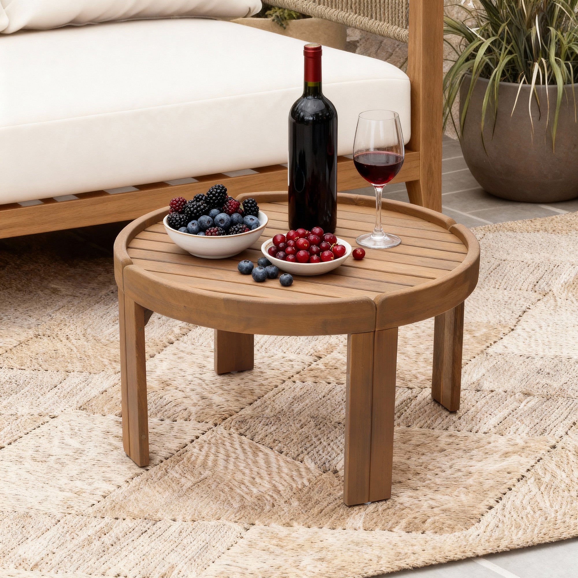 Acacia Outdoor Coffee Table, Round Patio Table with Tray Top, 15.7" Height