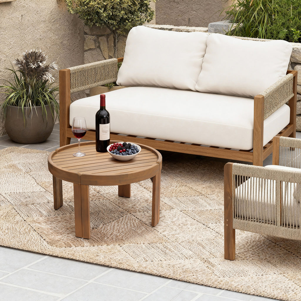 Acacia Outdoor Coffee Table, Round Patio Table with Tray Top, 15.7" Height