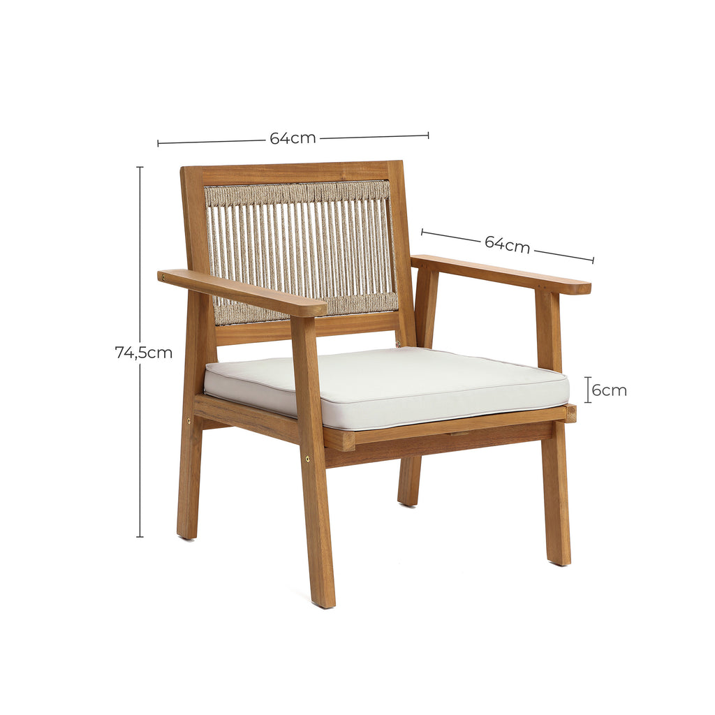 Outdoor Acacia Wood Rope Back Armchairs with Cushions, Set of 2