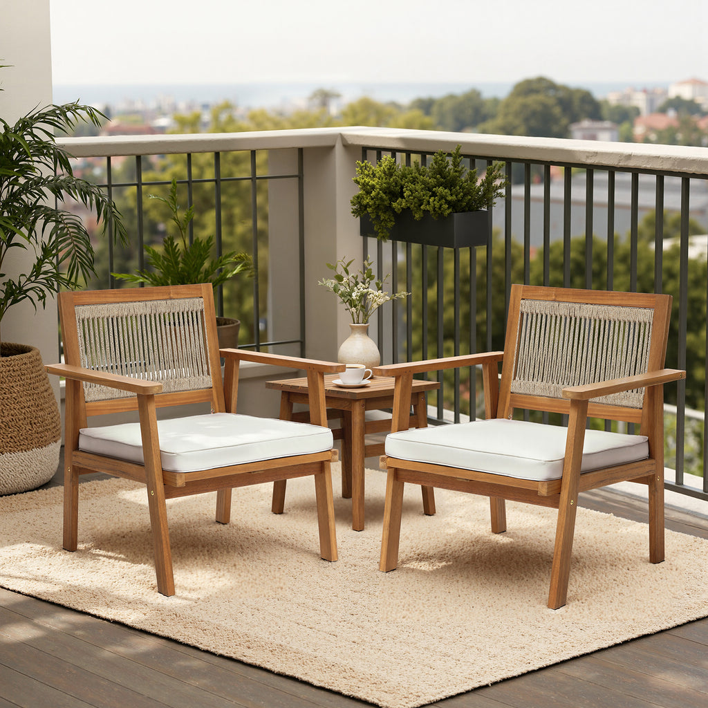 Outdoor Acacia Wood Rope Back Armchairs with Cushions, Set of 2