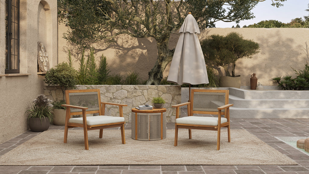 Outdoor Acacia Wood Rope Back Armchairs with Cushions, Set of 2