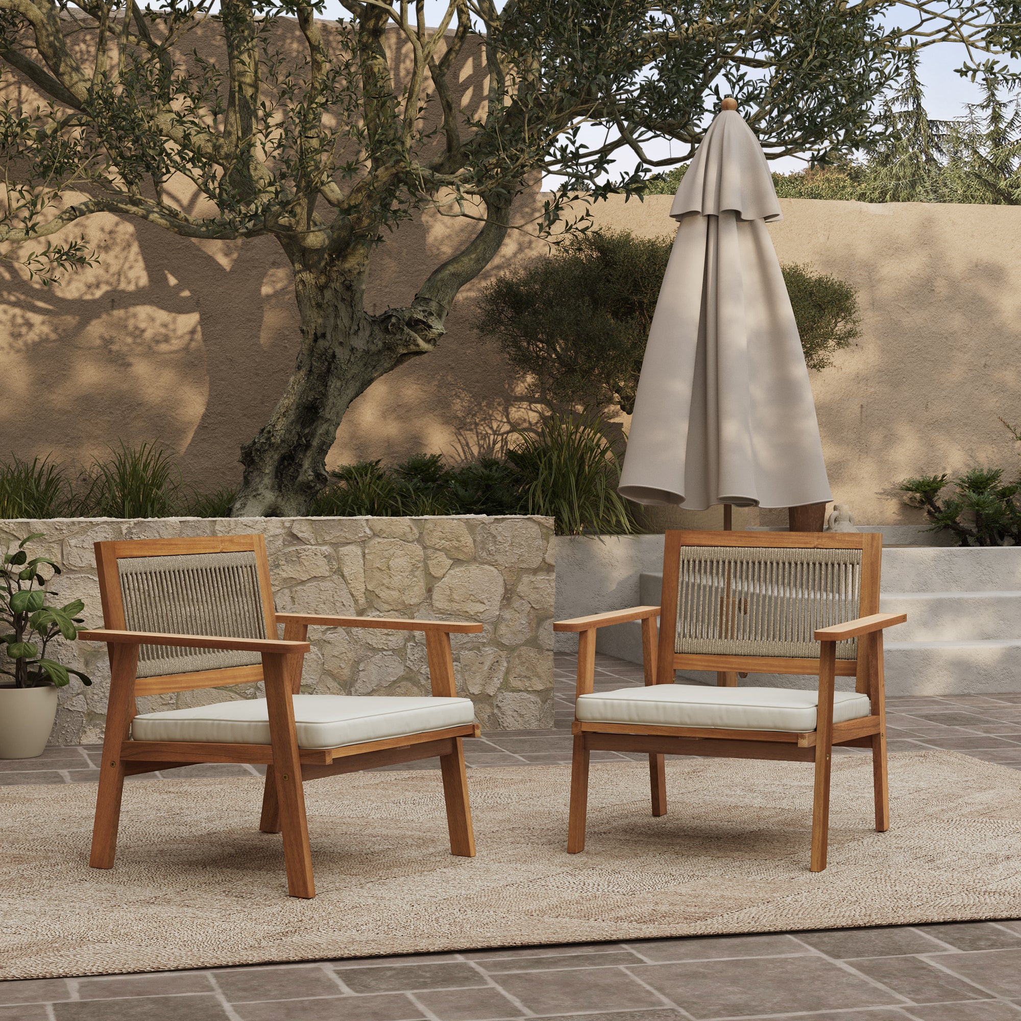 Outdoor Acacia Wood Rope Back Armchairs with Cushions, Set of 2