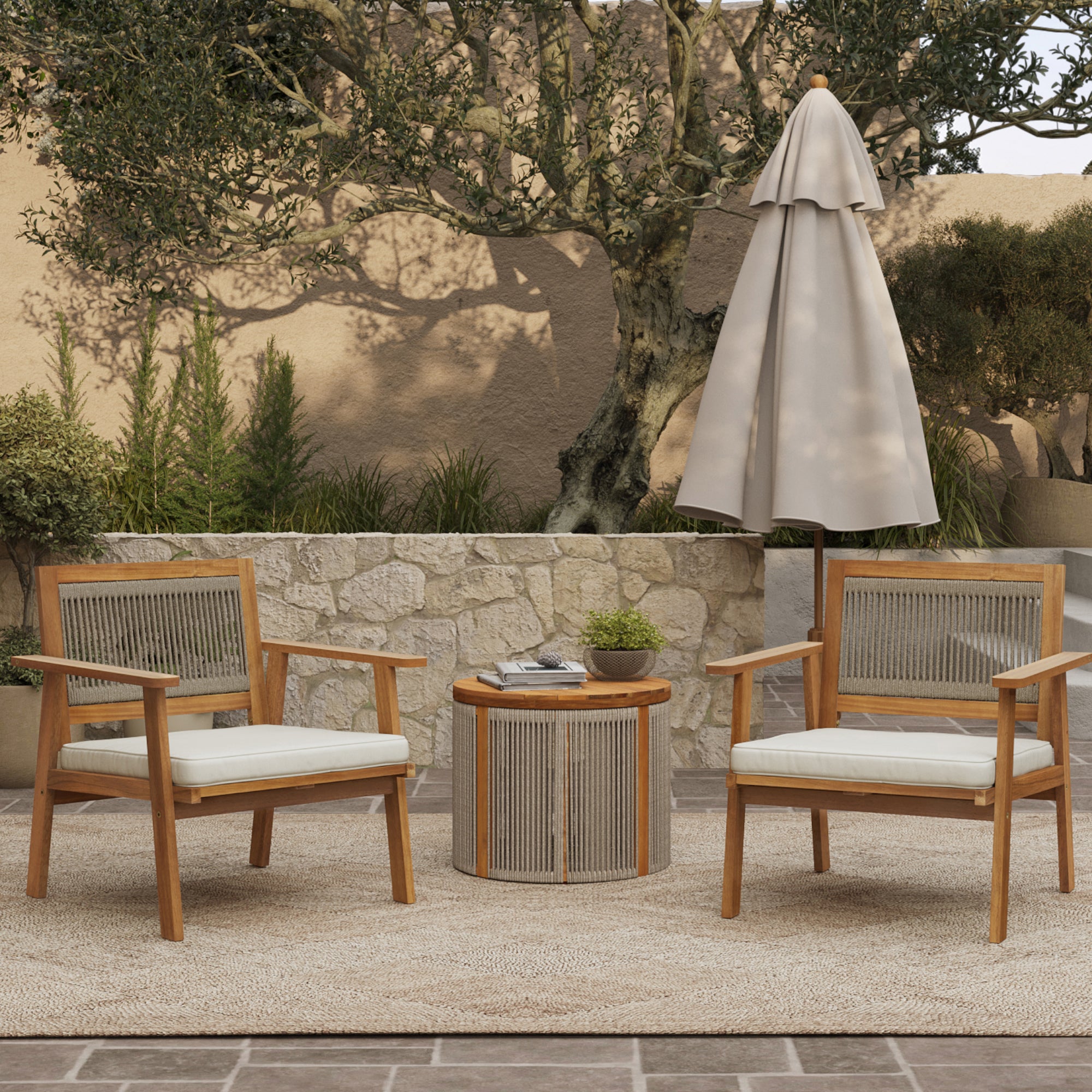 Outdoor Acacia Wood Rope Back Armchairs with Cushions, Set of 2