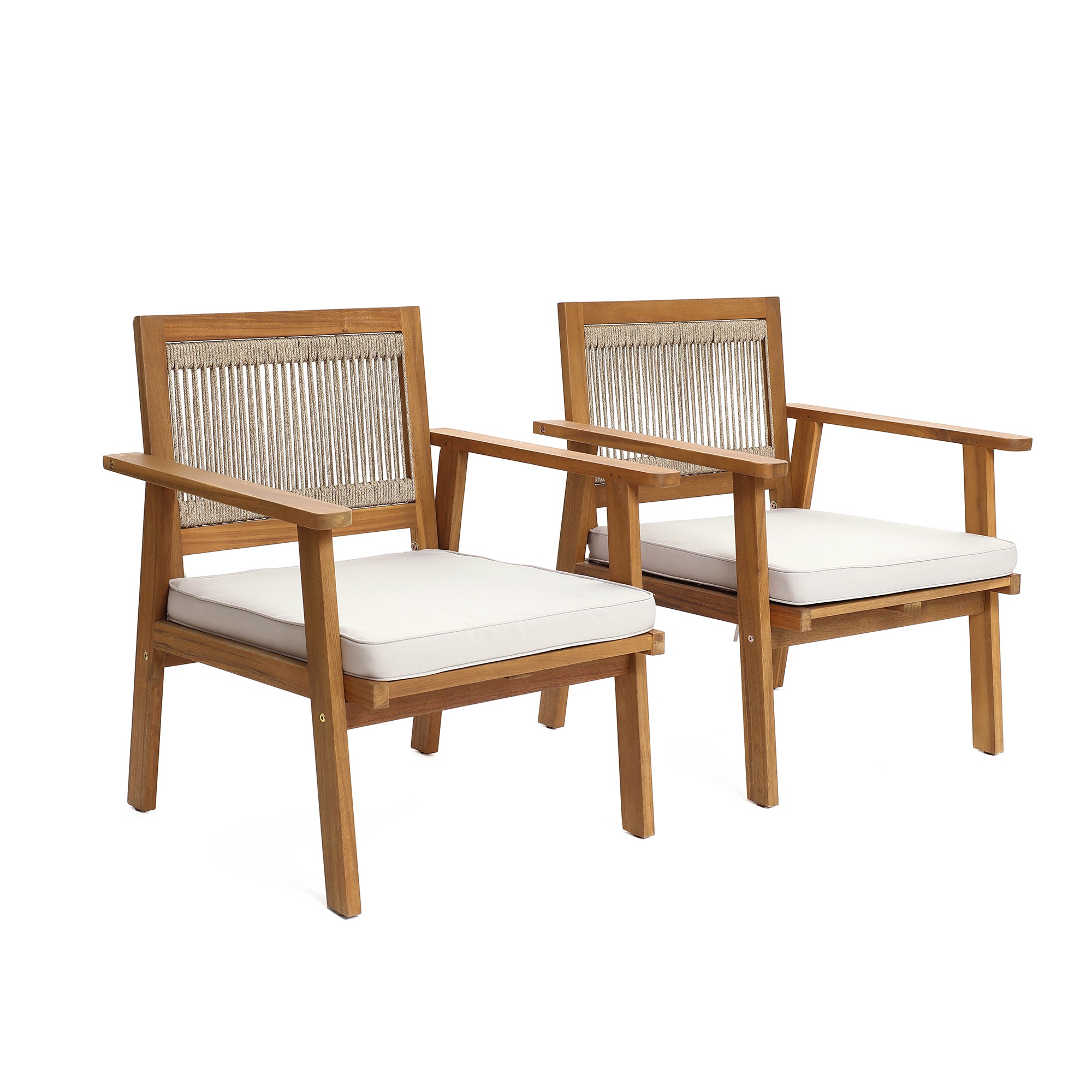 Outdoor Acacia Wood Rope Back Armchairs with Cushions, Set of 2