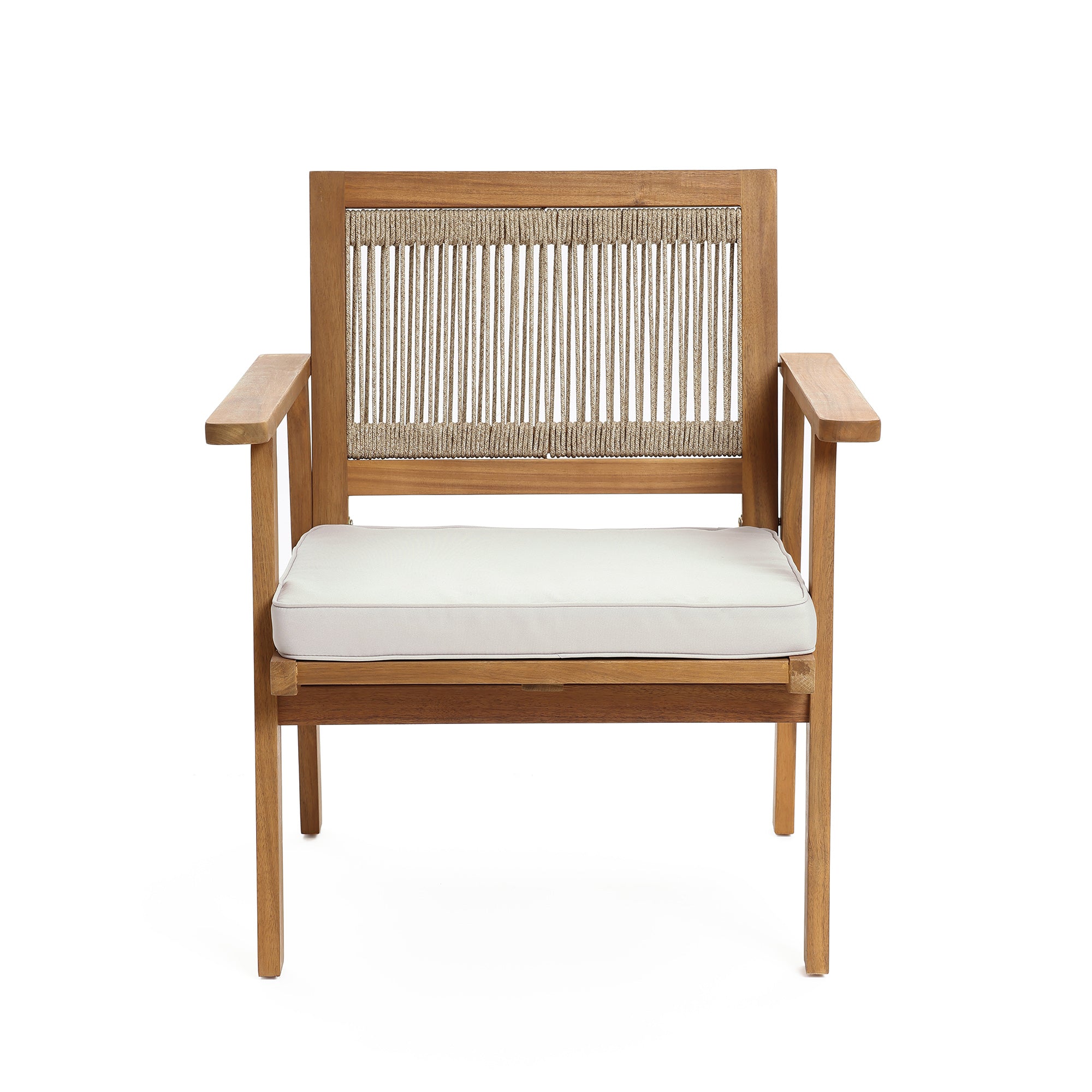 Outdoor Acacia Wood Rope Back Armchairs with Cushions, Set of 2