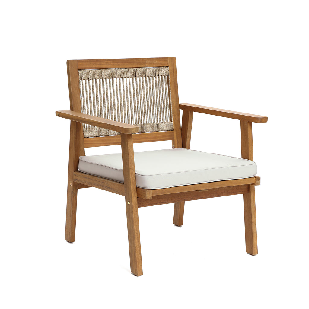 Outdoor Acacia Wood Rope Back Armchairs with Cushions, Set of 2