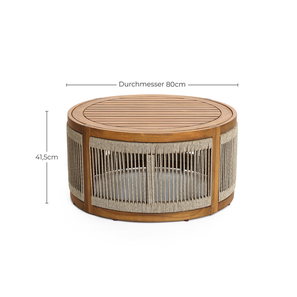 Outdoor Acacia Wood Rope Sides Round Drum Coffee Table