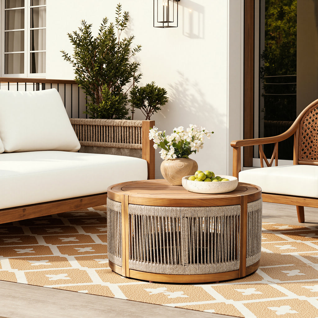 Outdoor Acacia Wood Rope Sides Round Drum Coffee Table