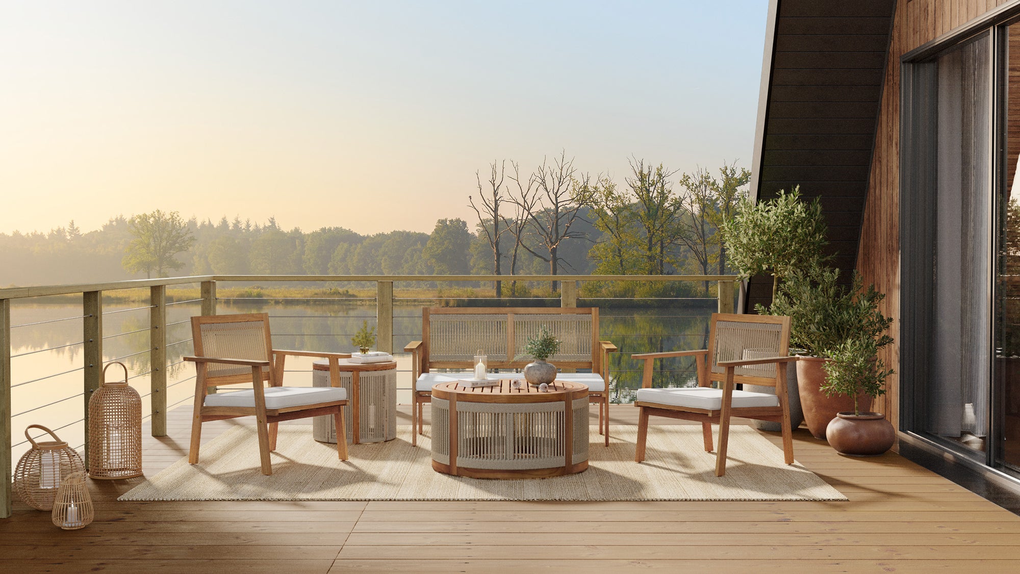Outdoor Acacia Wood Rope Sides Round Drum Coffee Table
