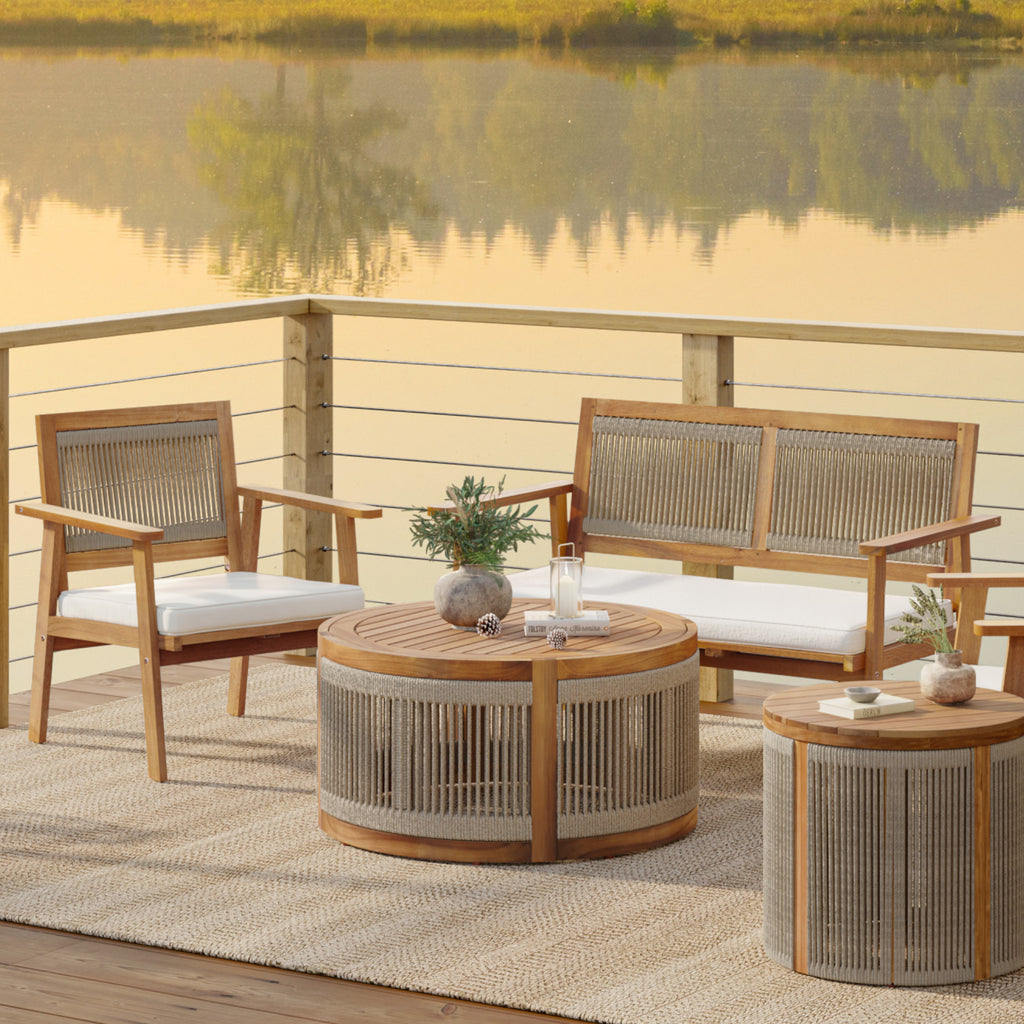 Outdoor Acacia Wood Rope Sides Round Drum Coffee Table