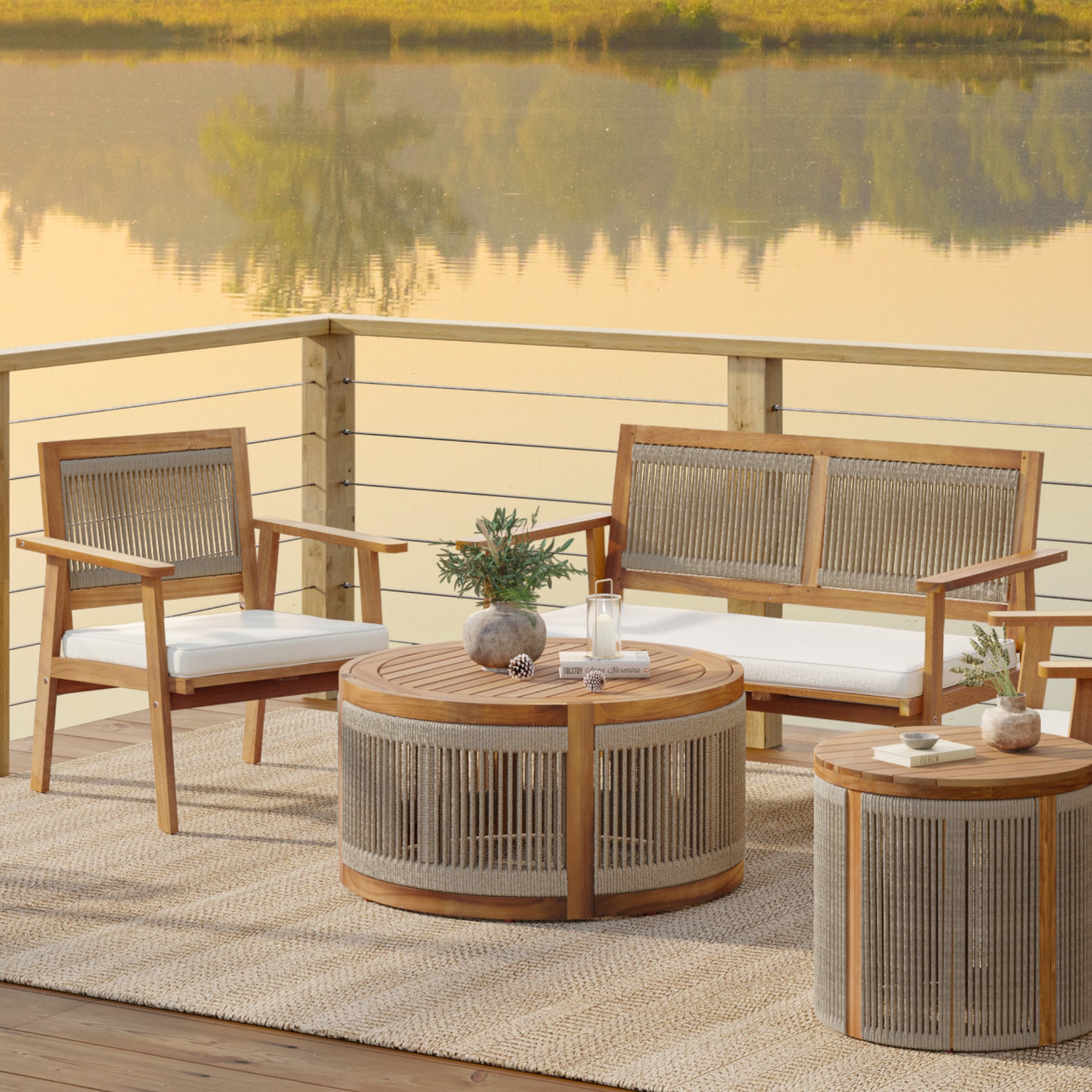 Outdoor Acacia Wood Rope Sides Round Drum Coffee Table