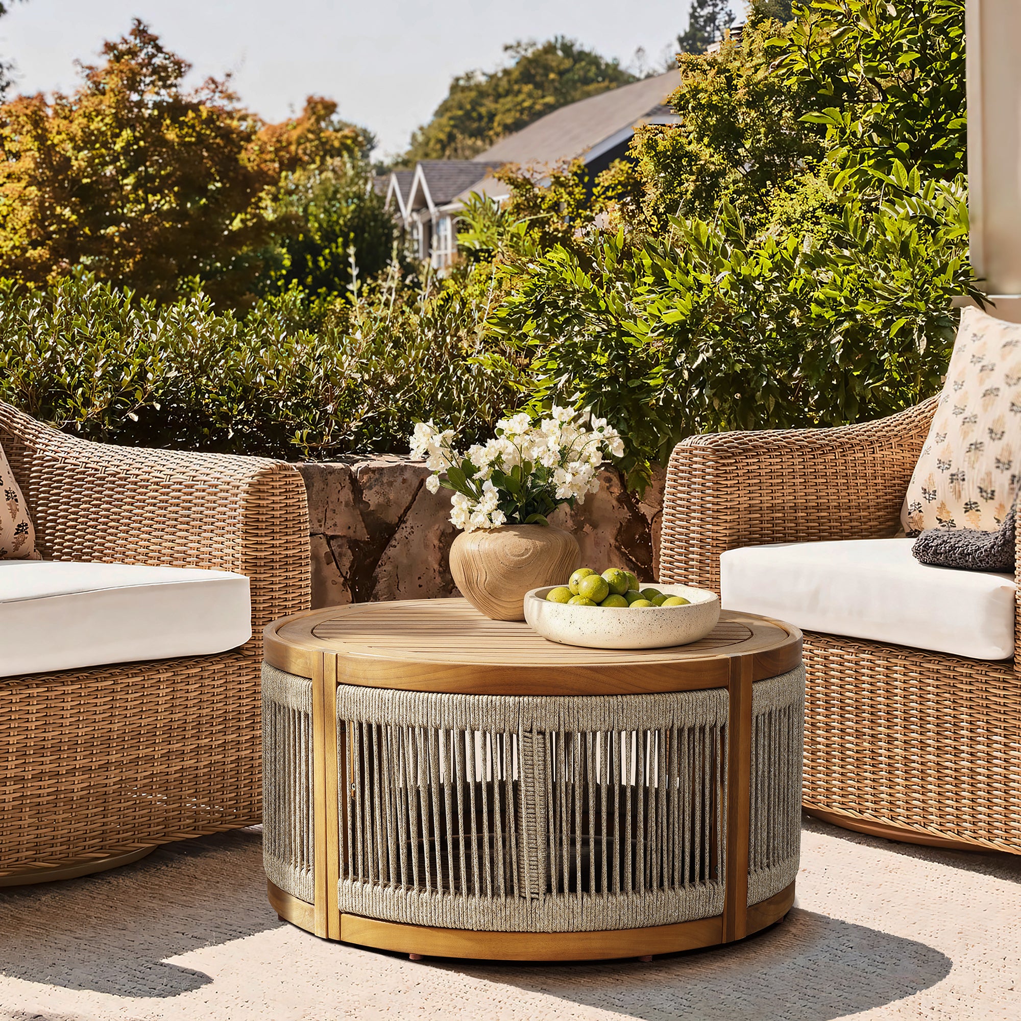Outdoor Acacia Wood Rope Sides Round Drum Coffee Table