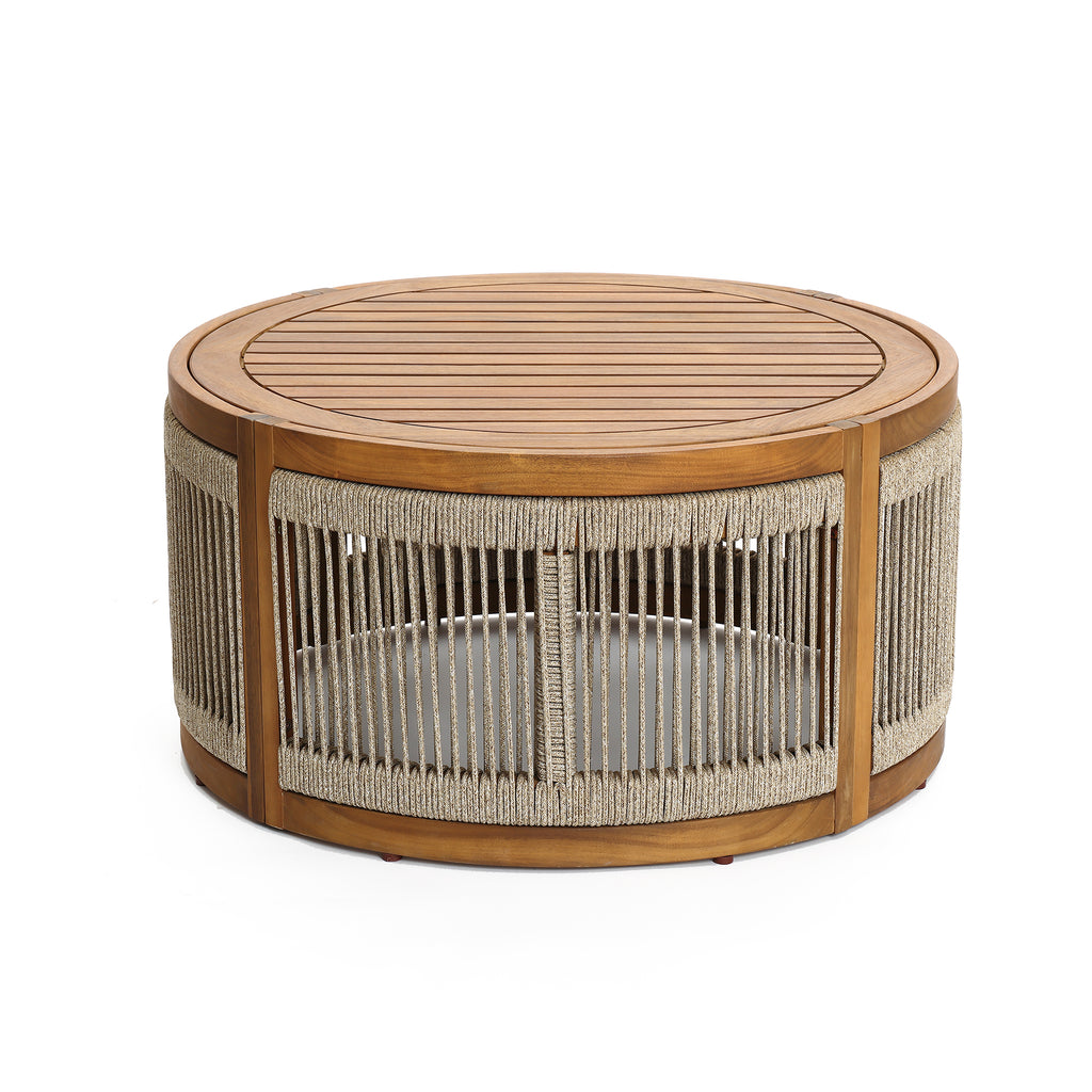 Outdoor Acacia Wood Rope Sides Round Drum Coffee Table