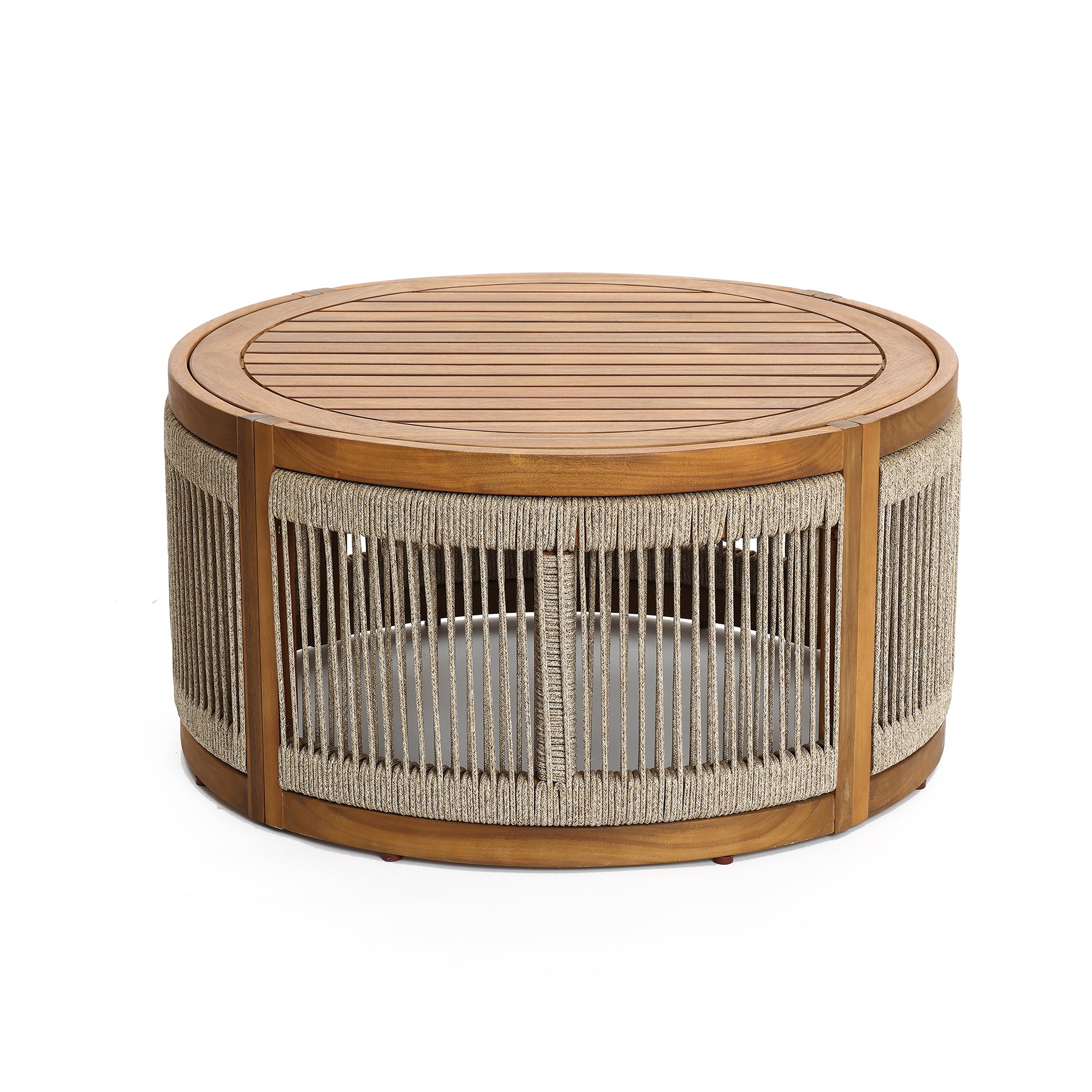 Outdoor Acacia Wood Rope Sides Round Drum Coffee Table