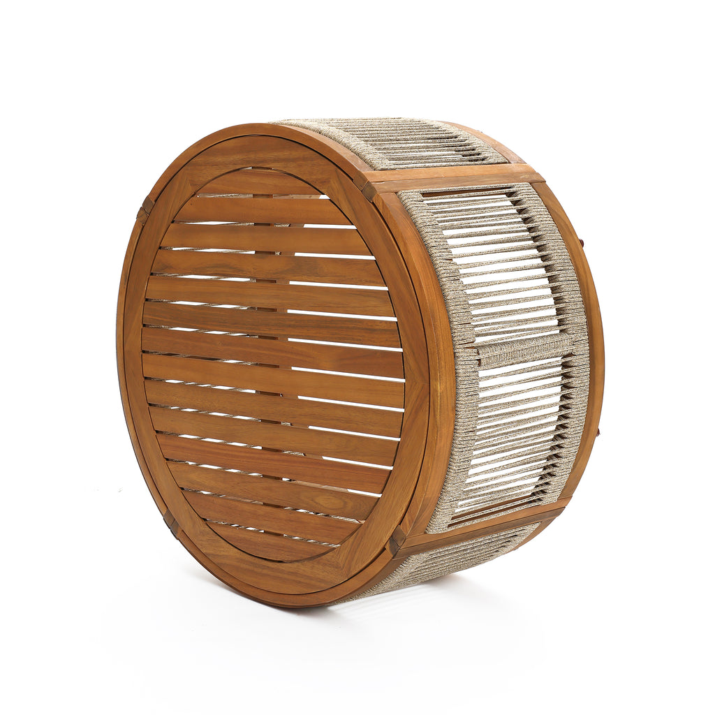 Outdoor Acacia Wood Rope Sides Round Drum Coffee Table