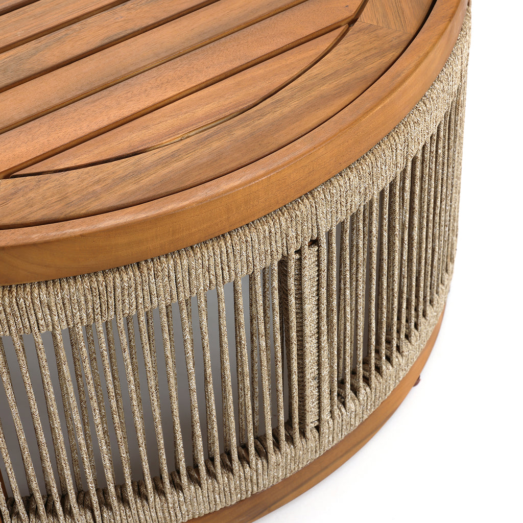 Outdoor Acacia Wood Rope Sides Round Drum Coffee Table