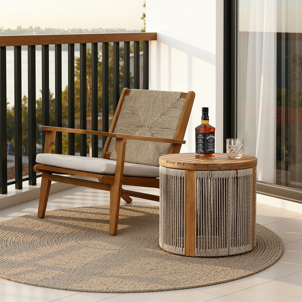 Outdoor Acacia Wood Rope Sides Round Drum Side and End Tables