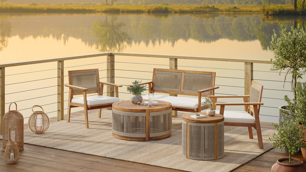 Outdoor Acacia Wood Rope Sides Round Drum Side and End Tables