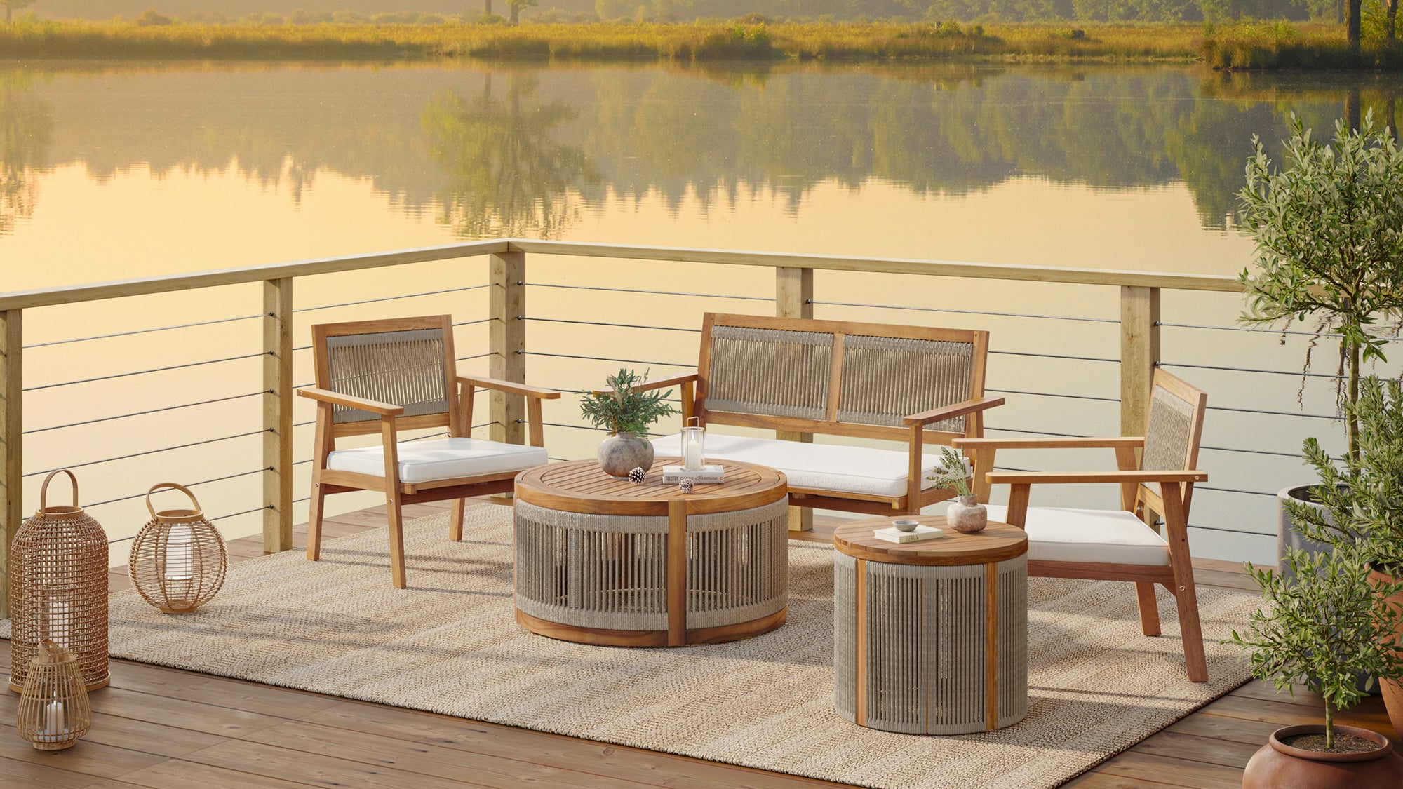 Outdoor Acacia Wood Rope Sides Round Drum Side and End Tables
