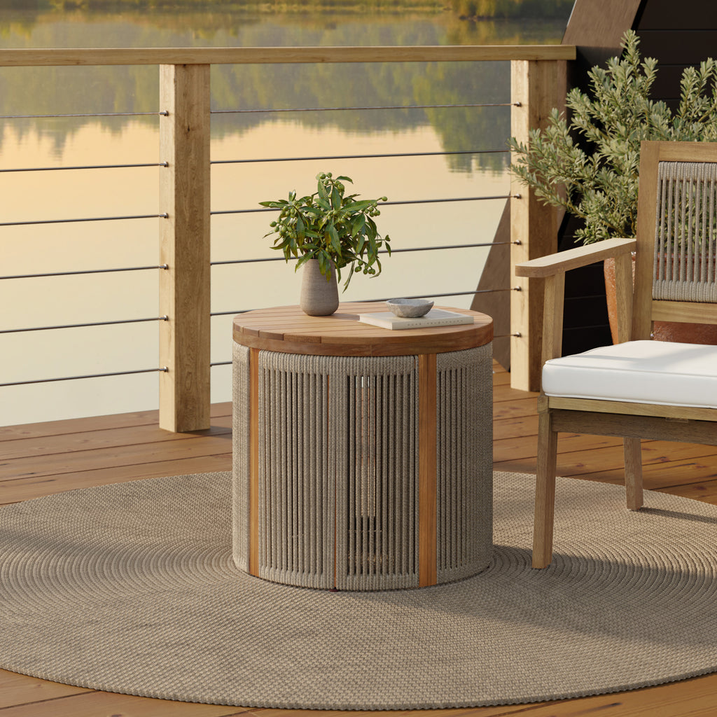 Outdoor Acacia Wood Rope Sides Round Drum Side and End Tables