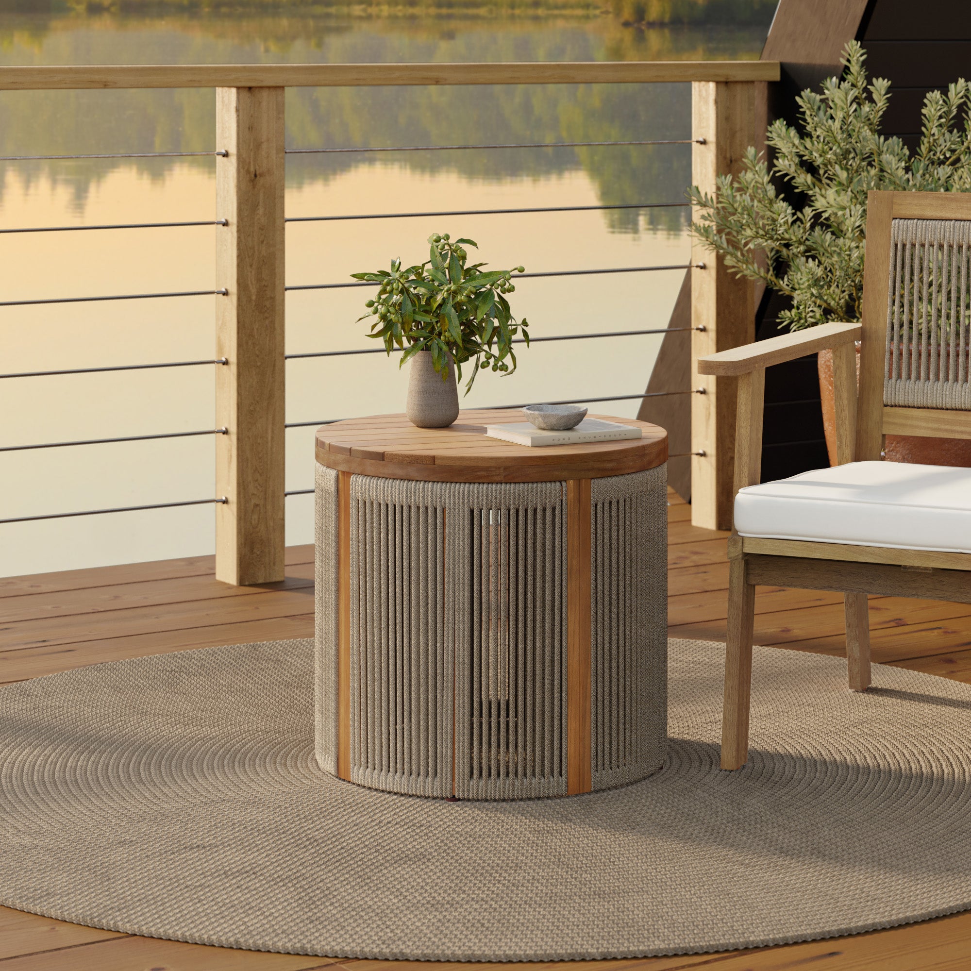 Outdoor Acacia Wood Rope Sides Round Drum Side and End Tables
