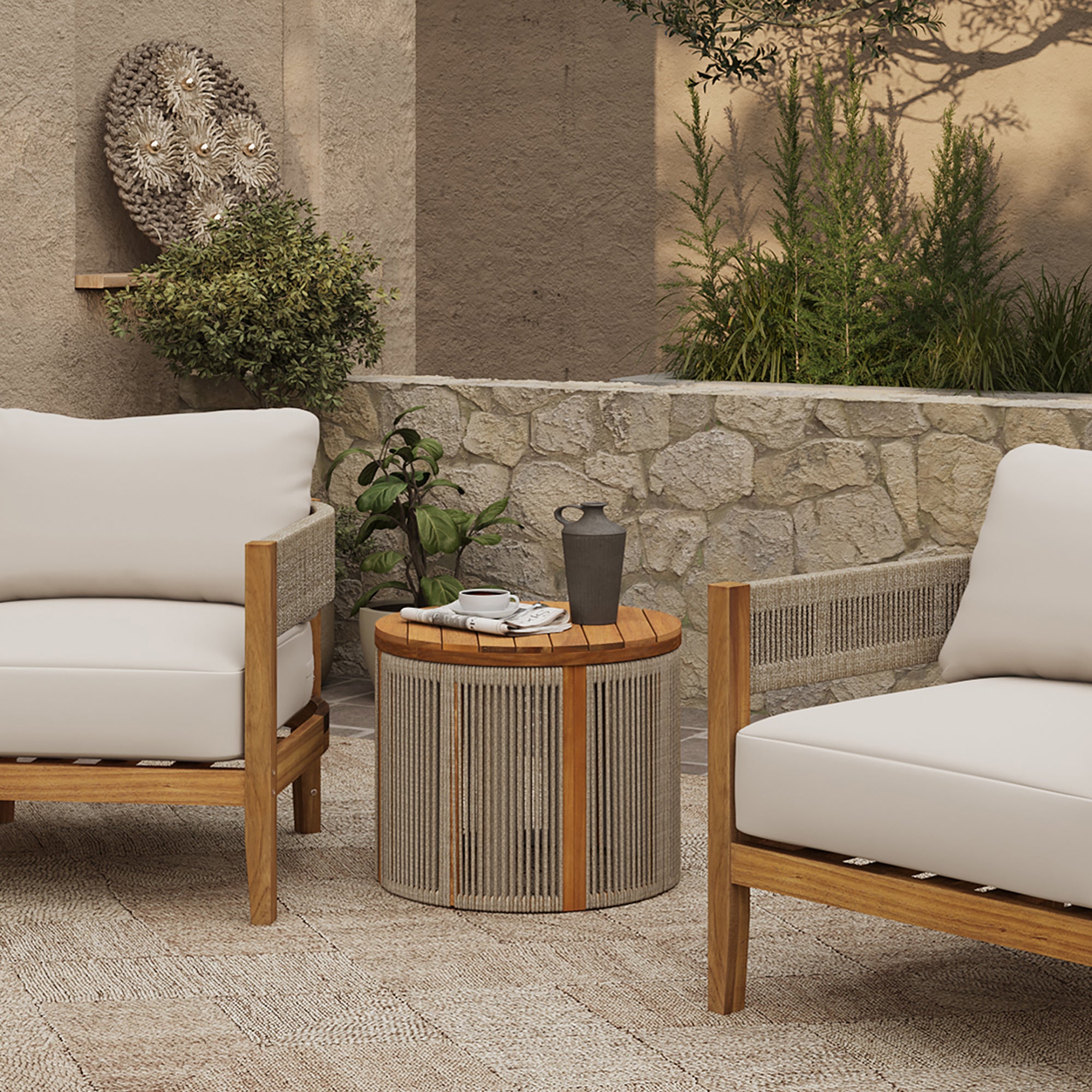 Outdoor Acacia Wood Rope Sides Round Drum Side and End Tables