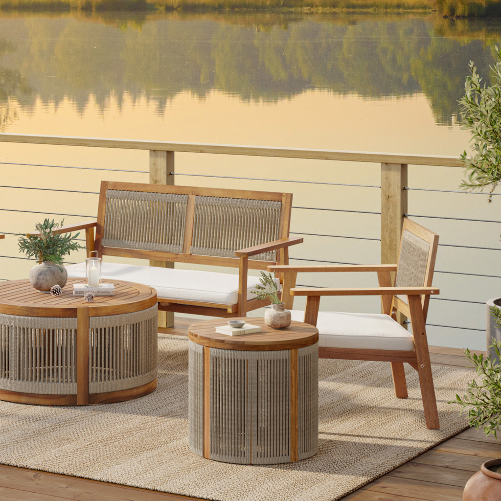 Outdoor Acacia Wood Rope Sides Round Drum Side and End Tables