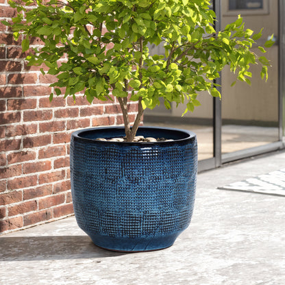 Weave Textured Ceramic Round Planter, Indigo Blue, 14"