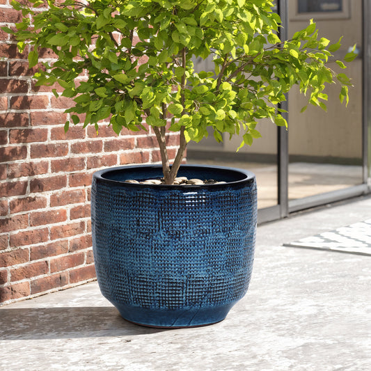 Weave Textured Ceramic Round Planter, Indigo Blue, 14"