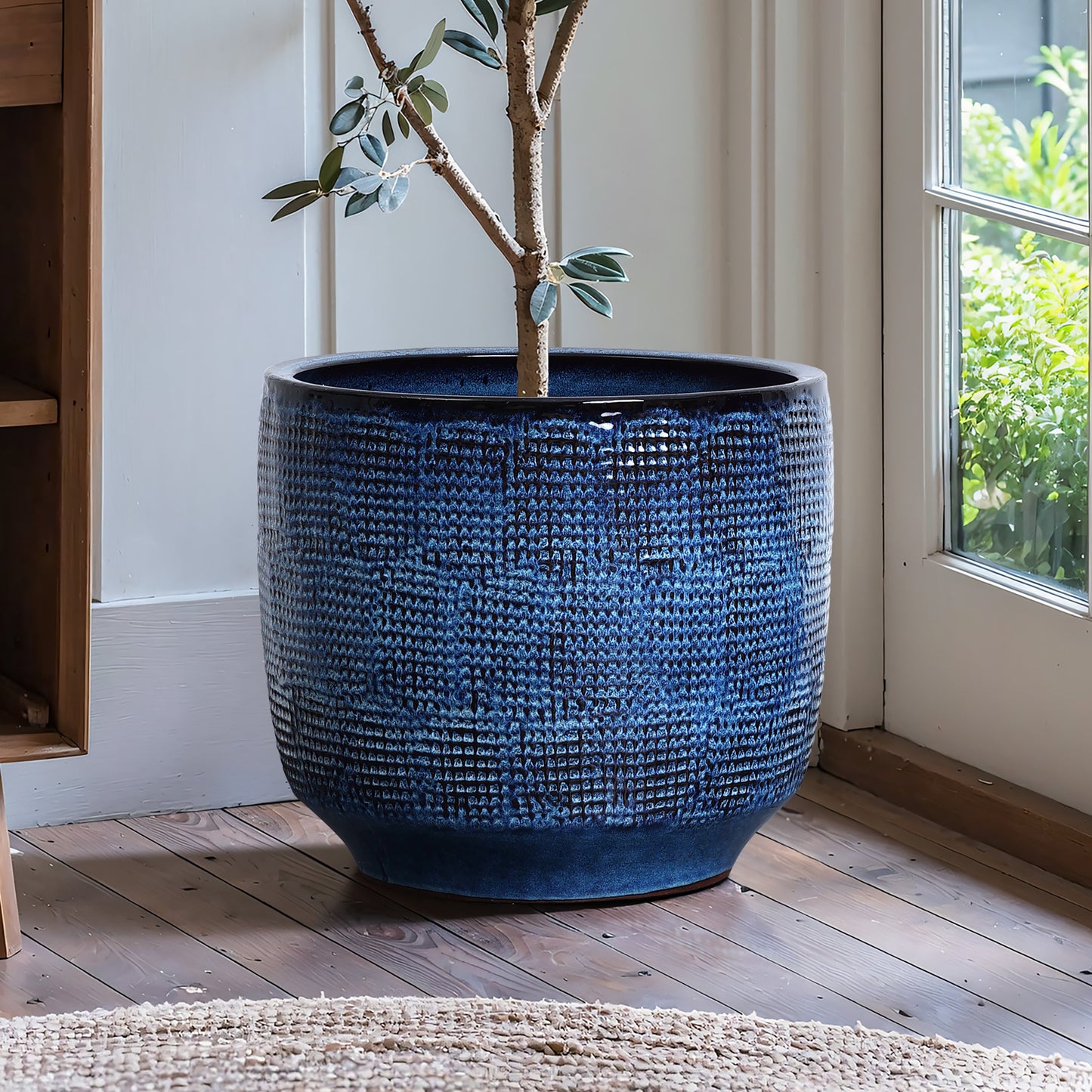 Weave Textured Ceramic Round Planter, Indigo Blue, 14"