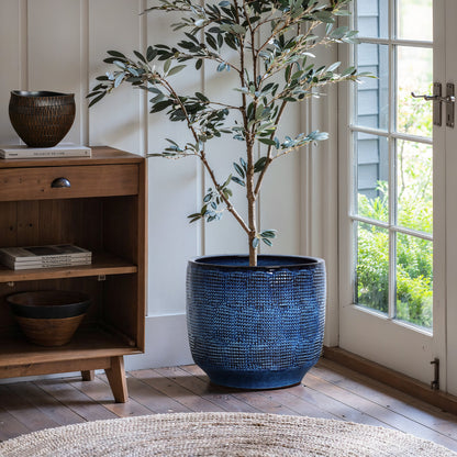 Weave Textured Ceramic Round Planter, Indigo Blue, 14"