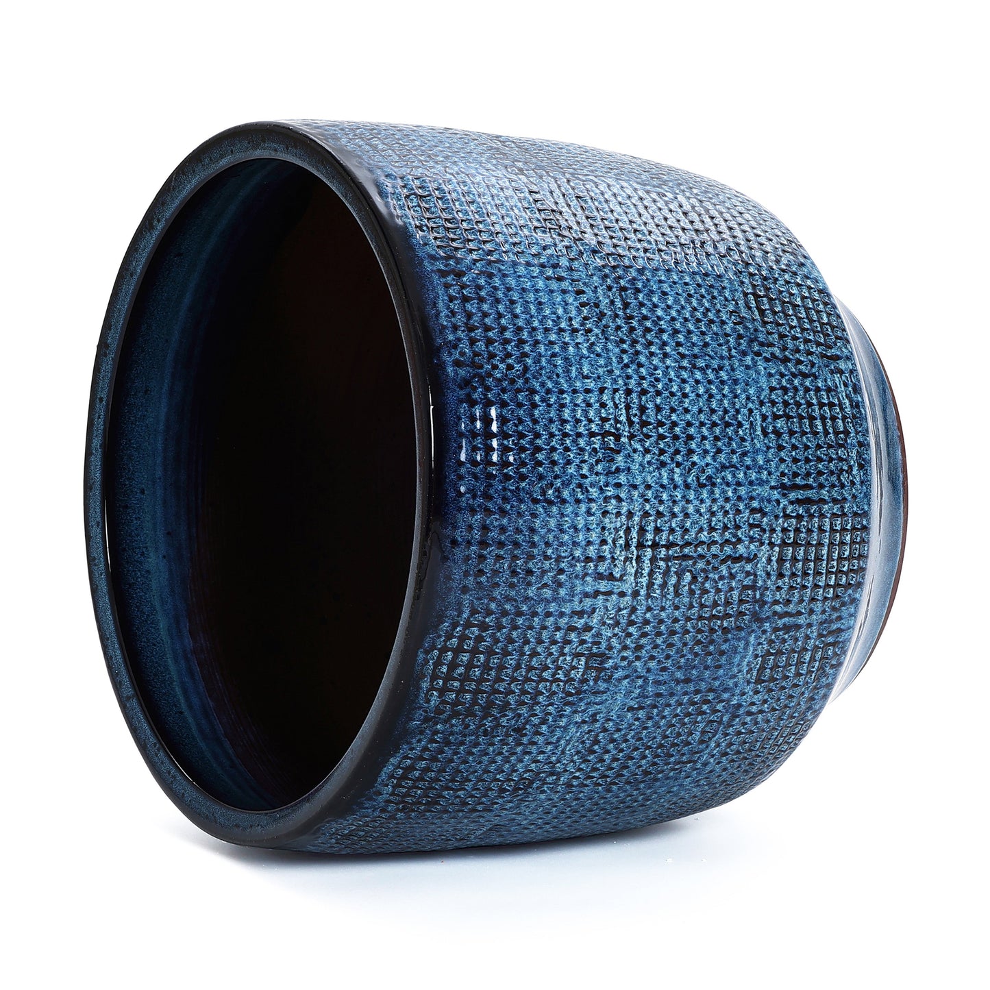 Weave Textured Ceramic Round Planter, Indigo Blue, 14"
