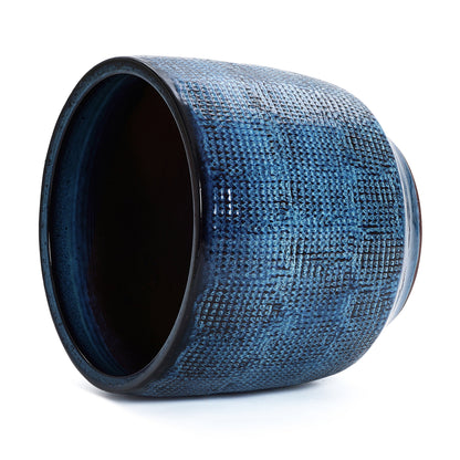 Weave Textured Ceramic Round Planter, Indigo Blue, 14"