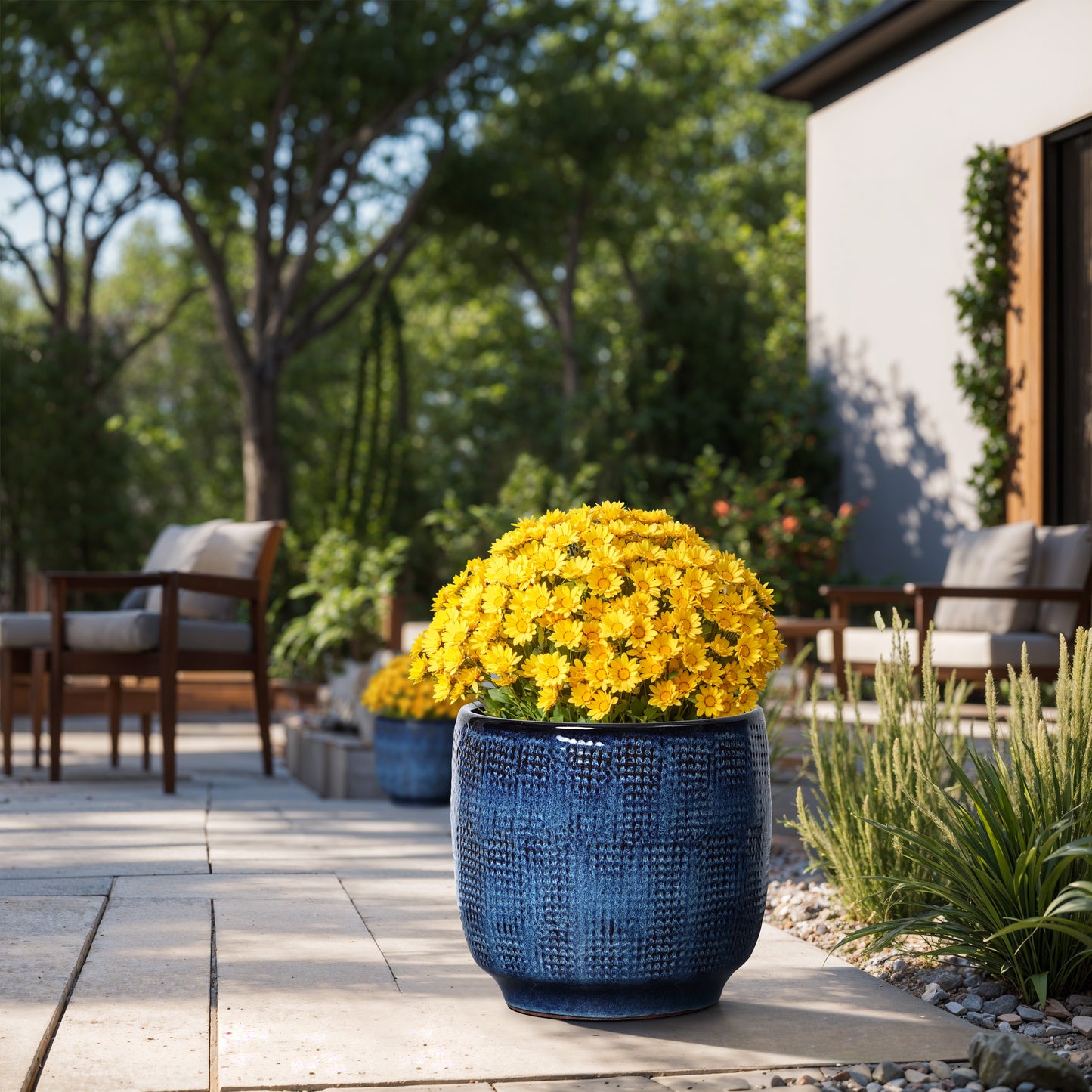 Weave Textured Ceramic Round Planter, Indigo Blue, 12"