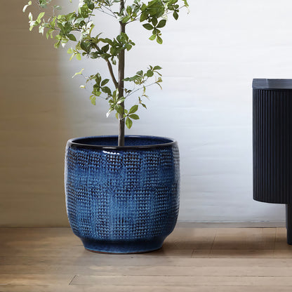 Weave Textured Ceramic Round Planter, Indigo Blue, 12"