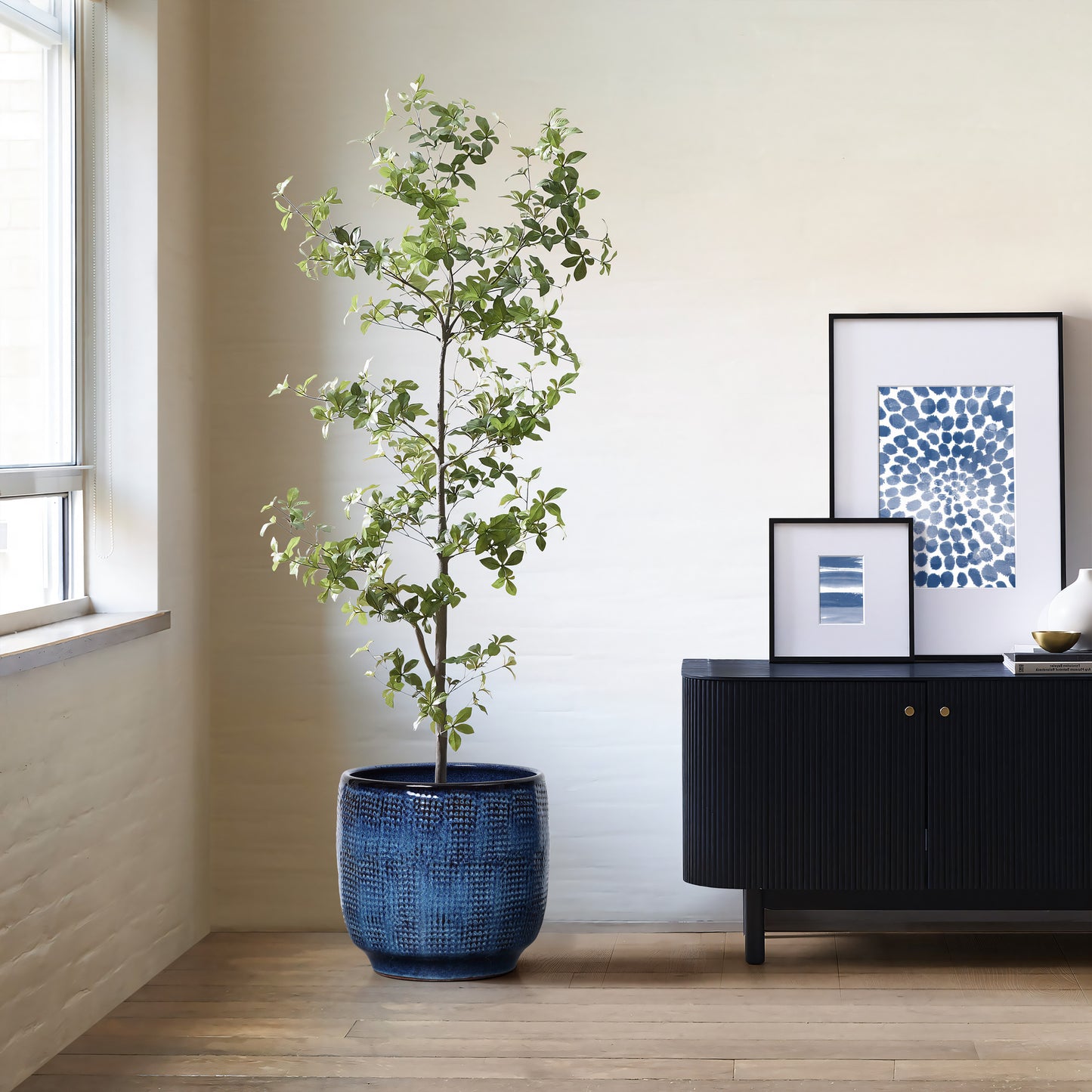 Weave Textured Ceramic Round Planter, Indigo Blue, 12"