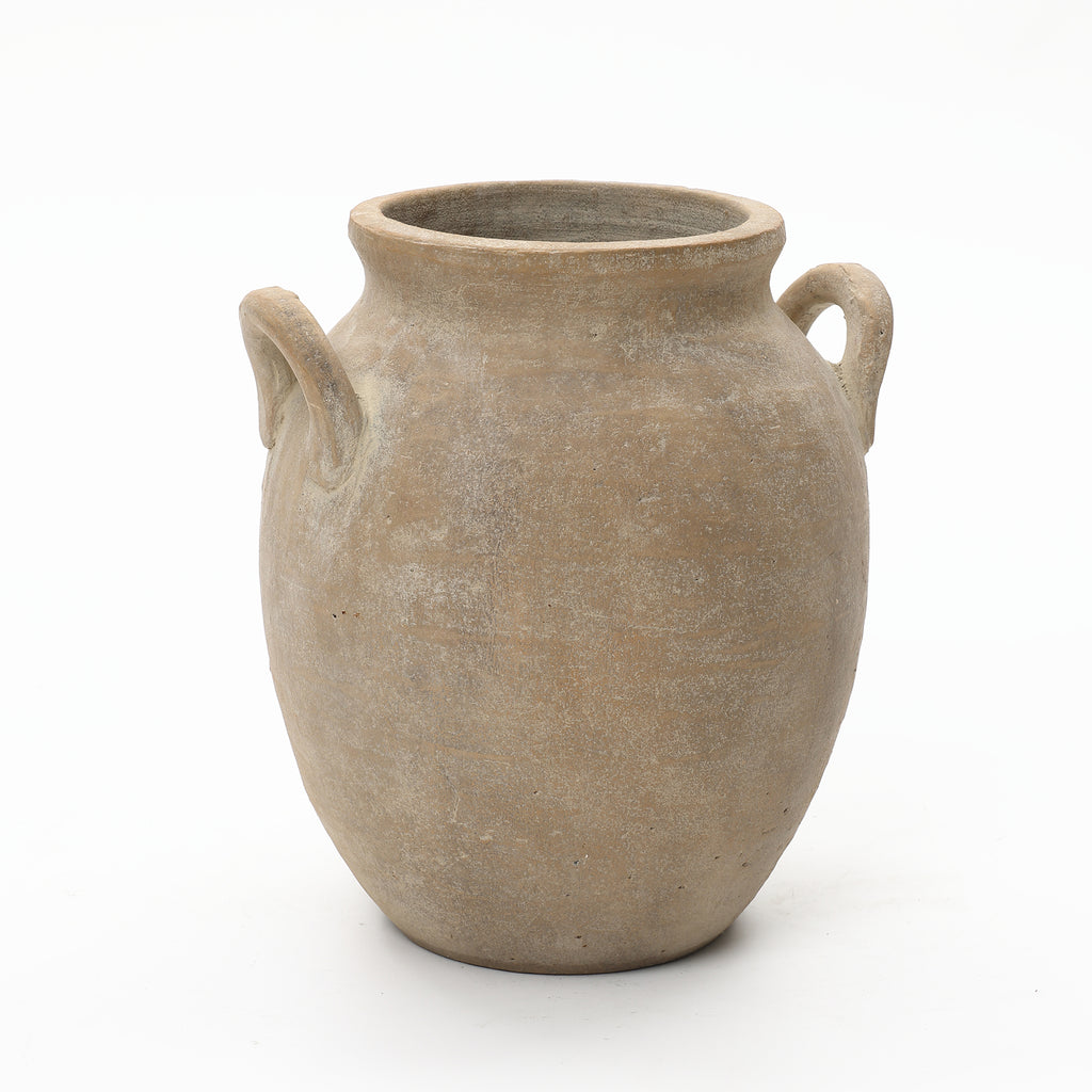 Rustic Antiqued Brown 12.6-Inch Tall Round Terracotta Vase with Handles