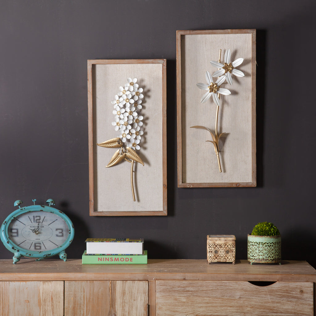 2-Piece White and Gold Flower Bouquet Wall Decor