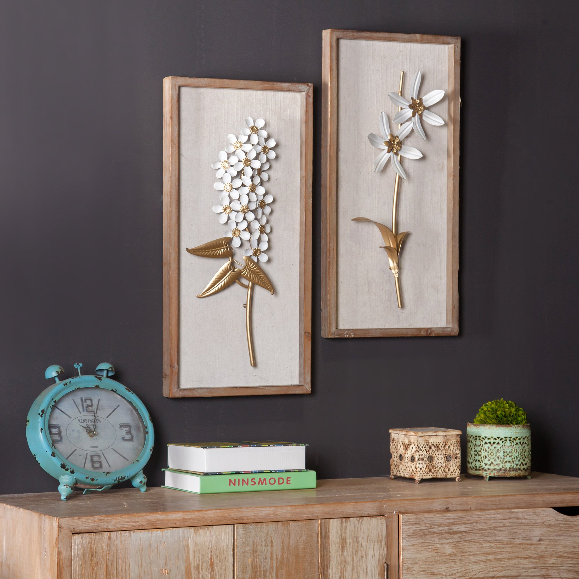 2-Piece White and Gold Flower Bouquet Wall Decor