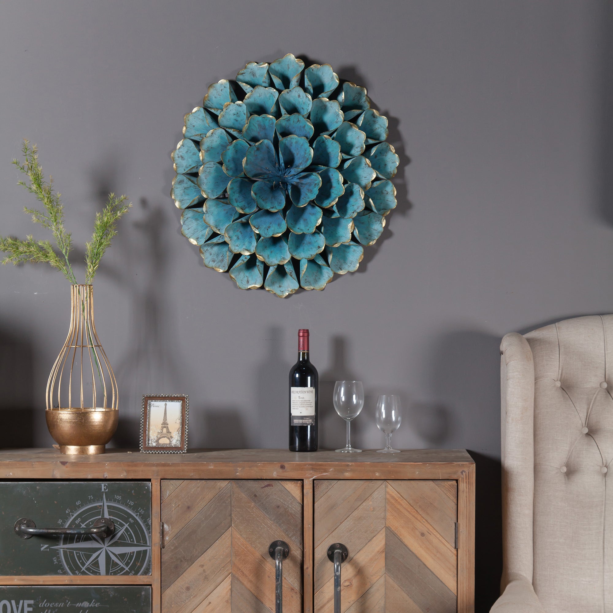 Radiant Metal Floral Wall Hanging with Blue-Green Petals and Gold Accents